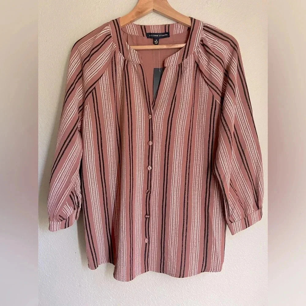 Adrienne Vittadini Striped Buttoned Blouse NWT